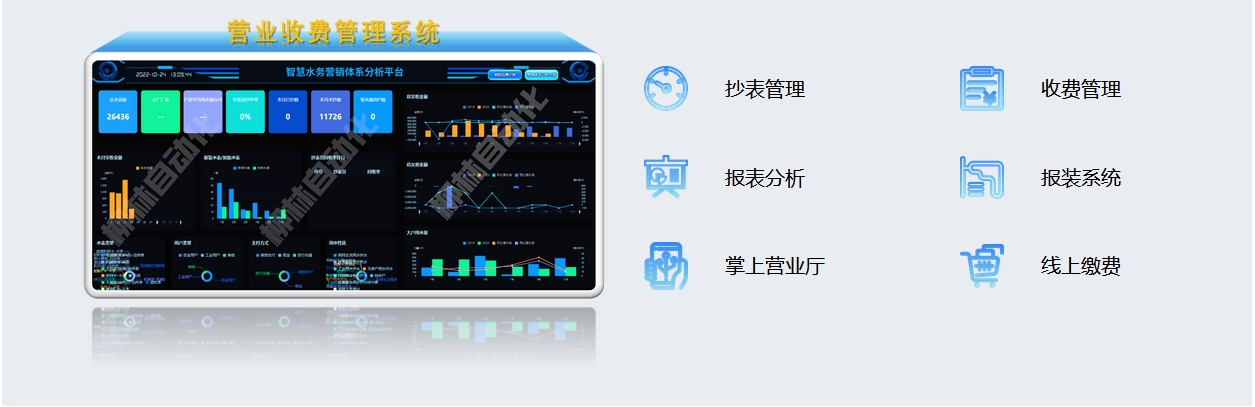 營業(yè)收費管理系統(tǒng)：抄表管理、收費管理、報表分析、報裝系統(tǒng)、掌上營業(yè)廳、線上繳費